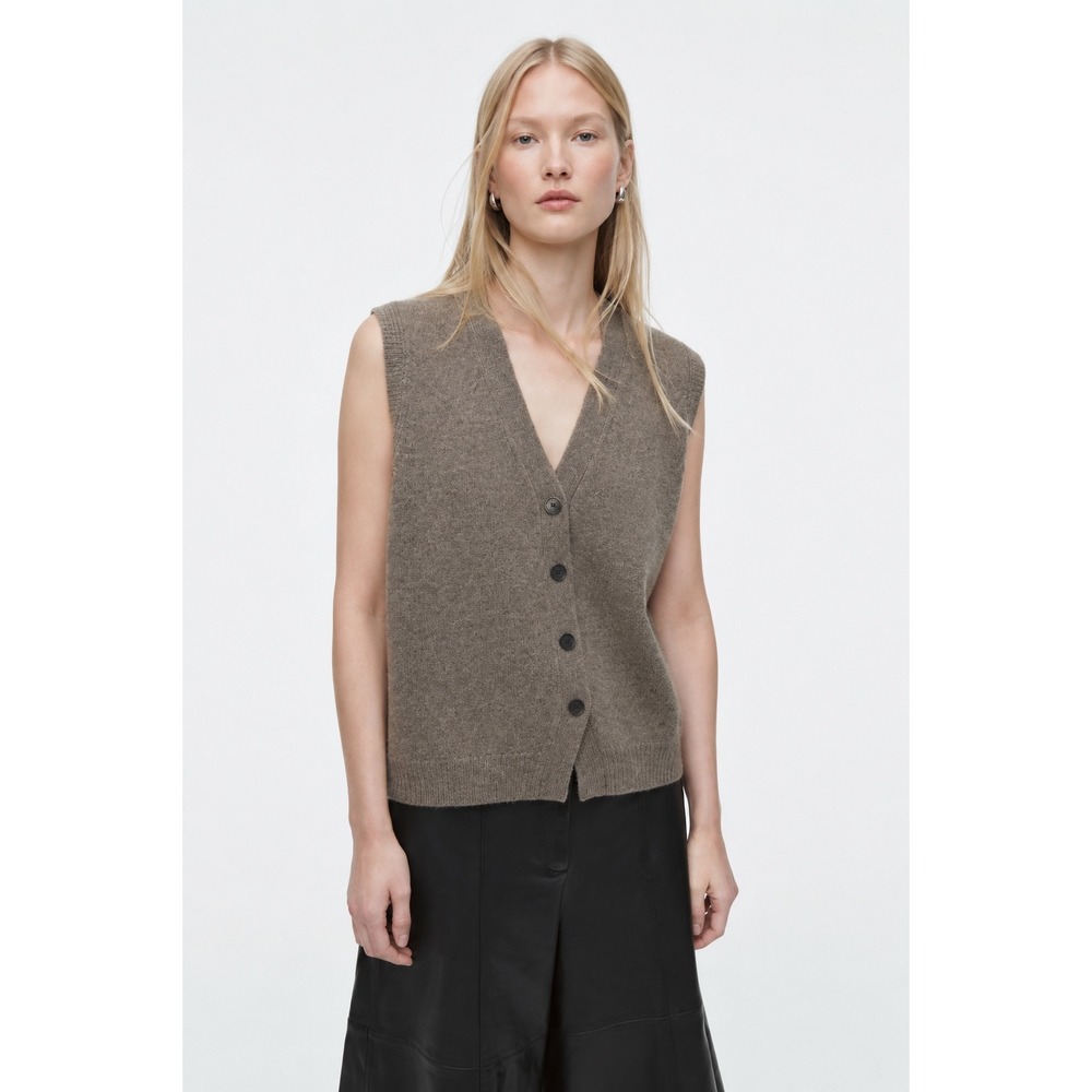 COS Womens Small Wool Cashmere Knit Vest Taupe Brown V-Neck Button Front